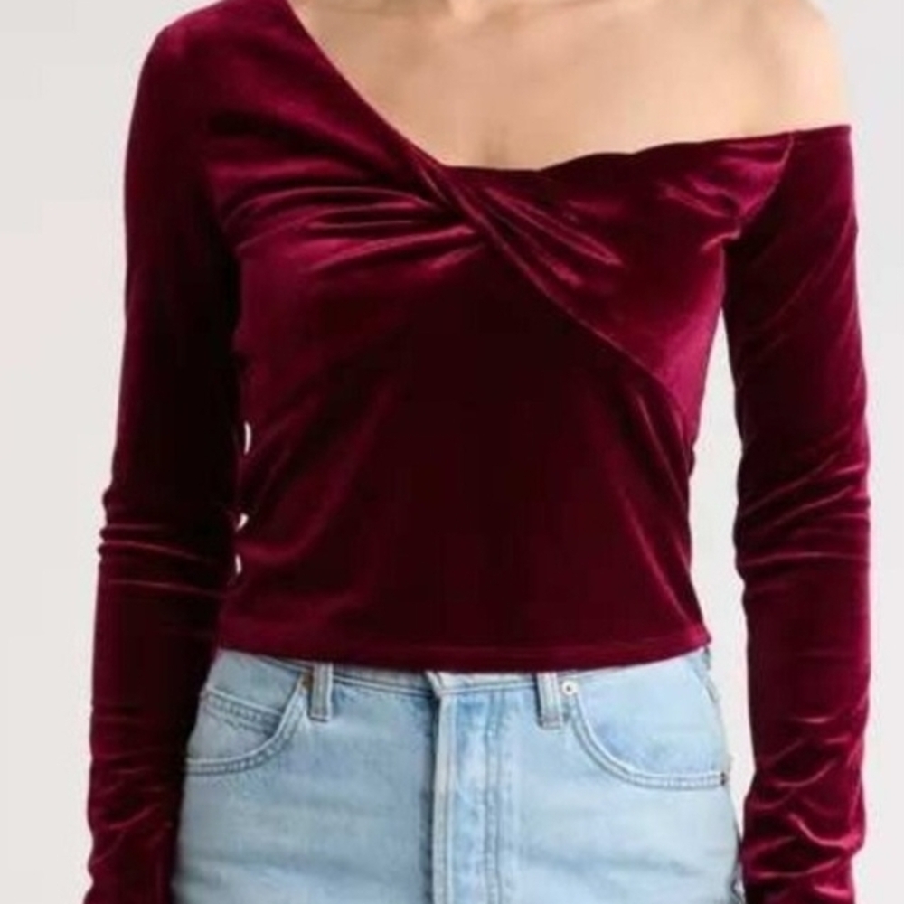 Elodie Burgundy Velvet Twist Knot One Shoulder Crop Top Womens Size XL